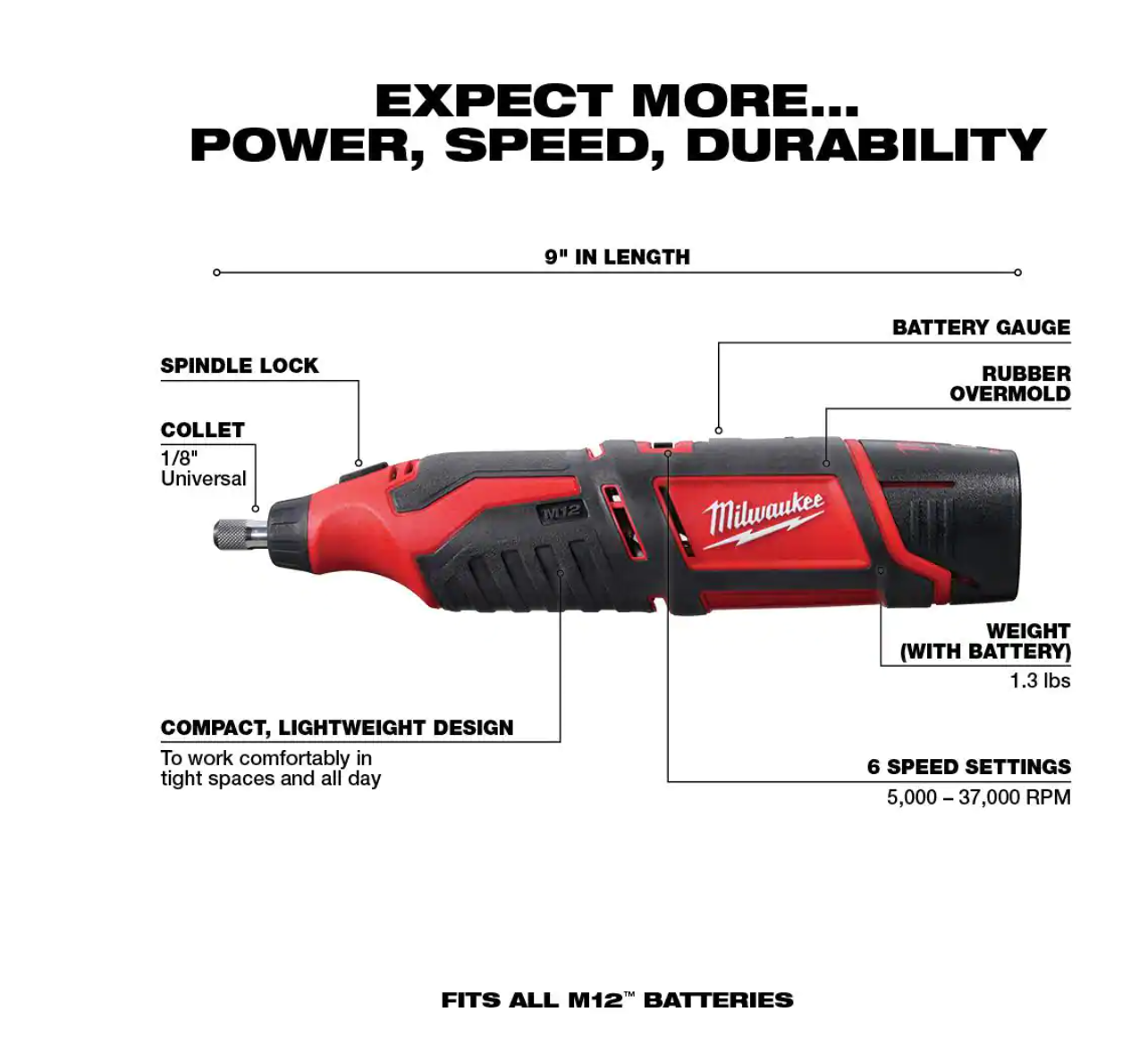 Milwaukee 2467-20-2460-20-48-11-2460 M12 12V Lithium-Ion Cordless 1/4 in. Right Angle Hex Impact Driver with M12 Rotary Tool and 6.0 Ah XC Battery Pack