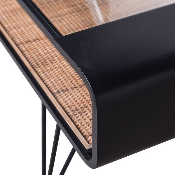 Aaron - Table - Graphite Metal， Clear Glass Top， Rattan Lower Shelf