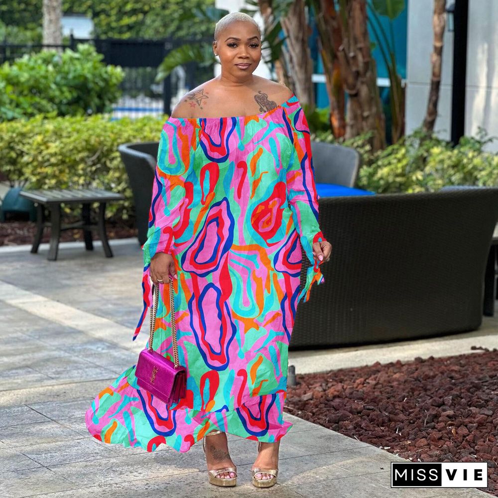 Printing Off Shoulder Loose Plus Size Dresses