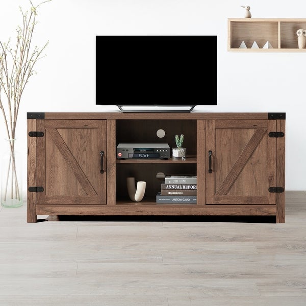 Modern Sliding Barn Door TV Stand with 3 Adjustable Shelves Brown