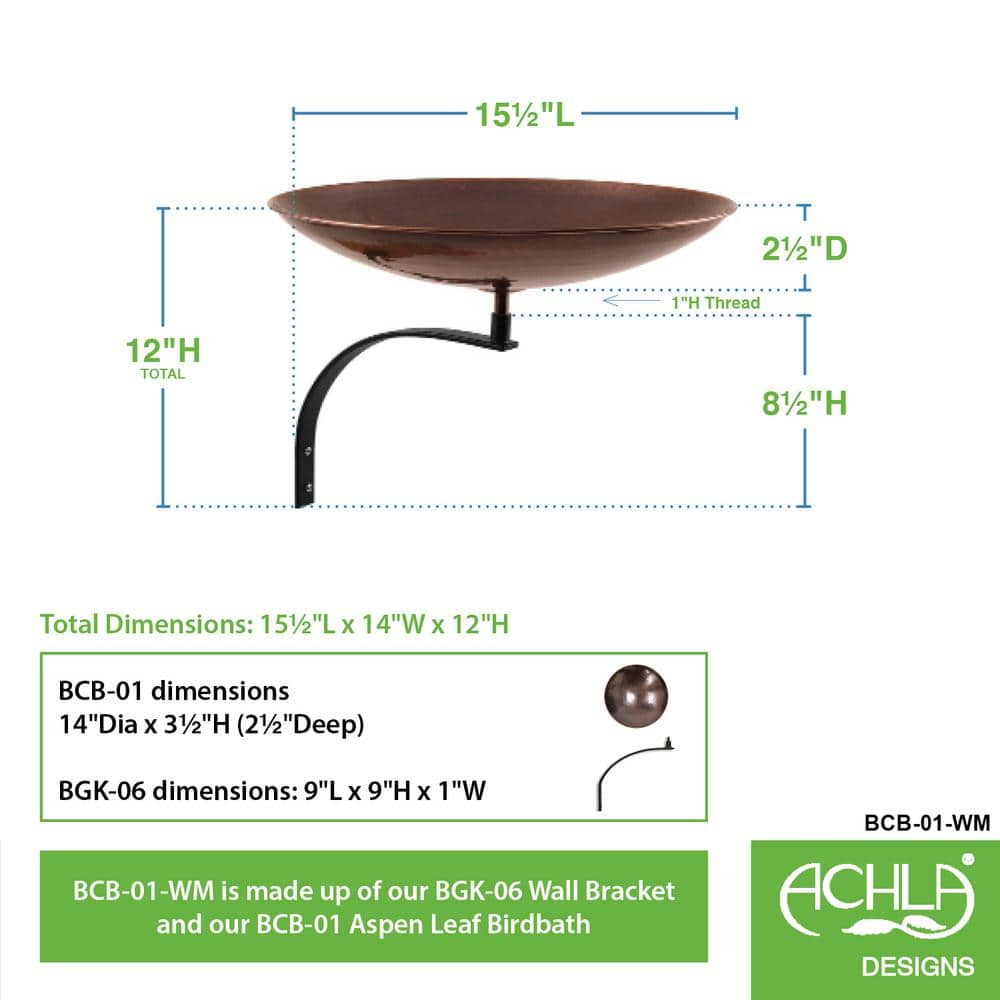 Achla Designs 14 in. W Antique Burnt Copper Birdbath with Wall Mount Bracket BCB-01-WM