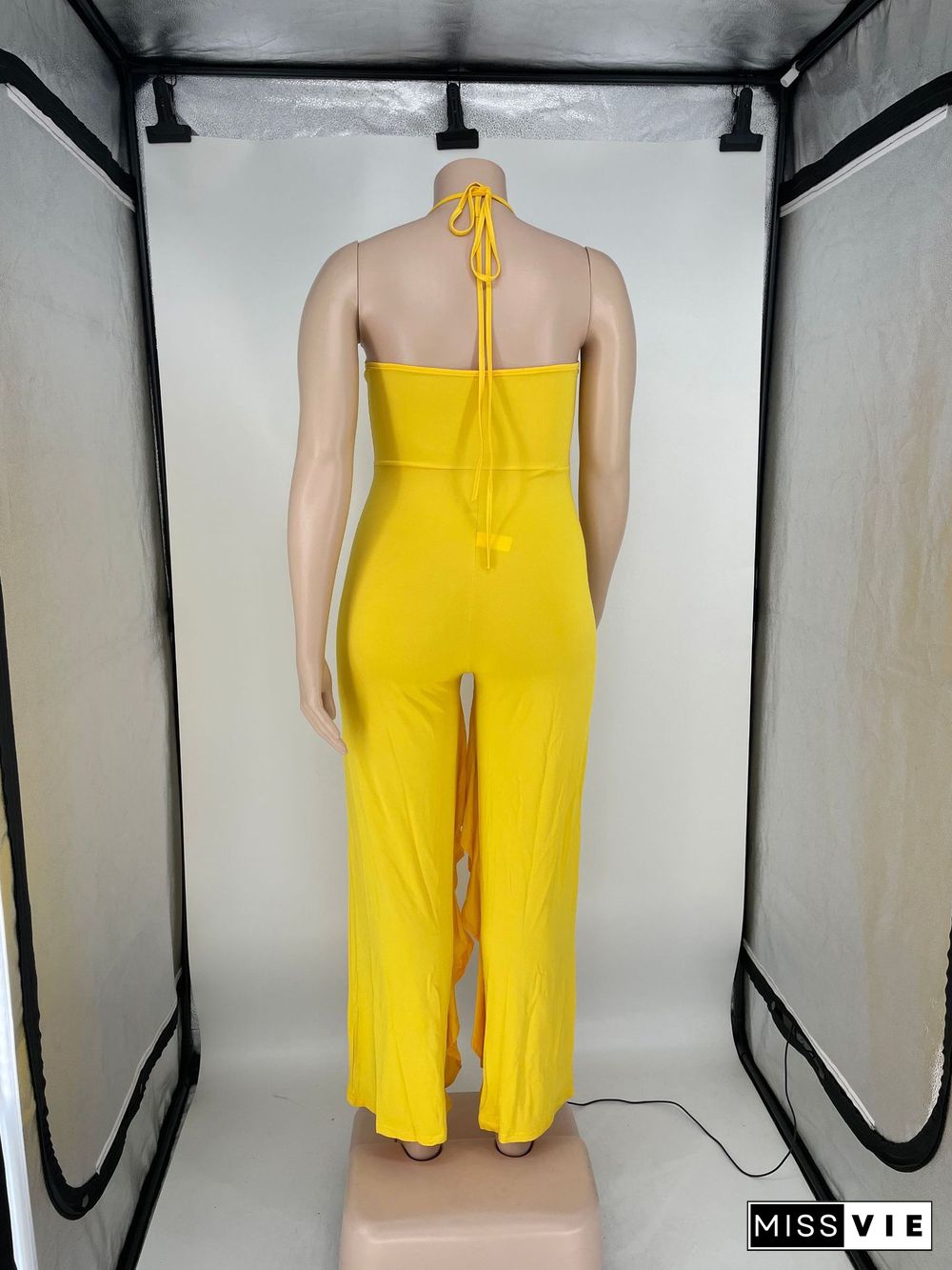 Sexy Solid Color Ruffled Halterneck Plus Size Jumpsuit