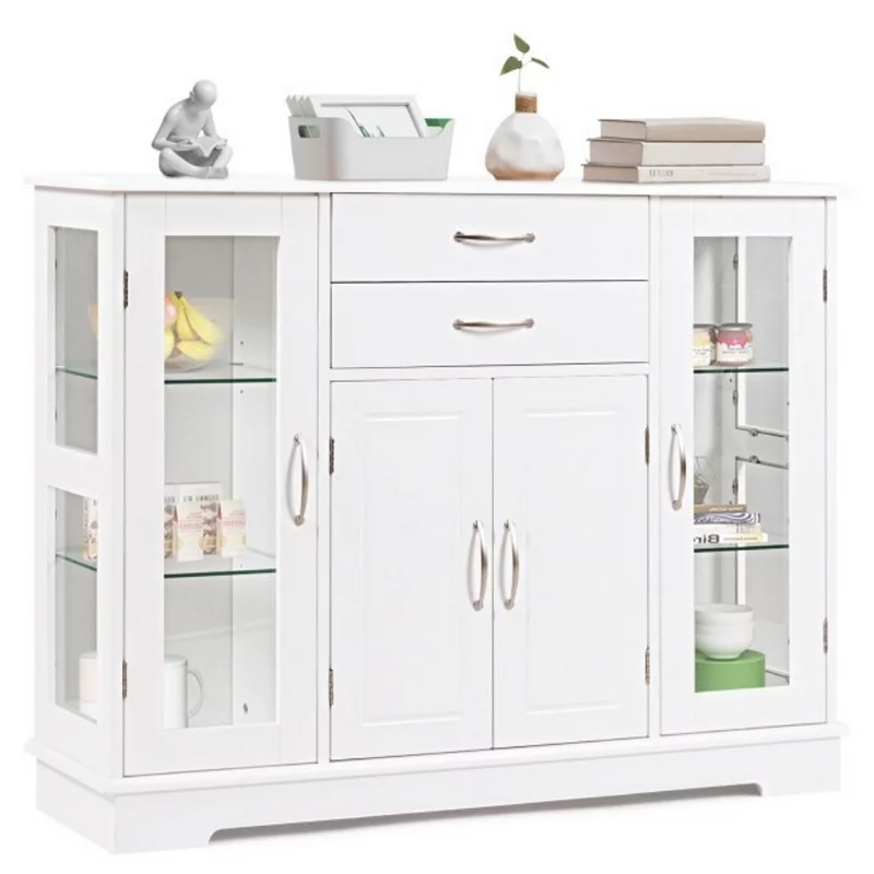 Wood Buffet Sideboard Cabinet With Glass Display Doors