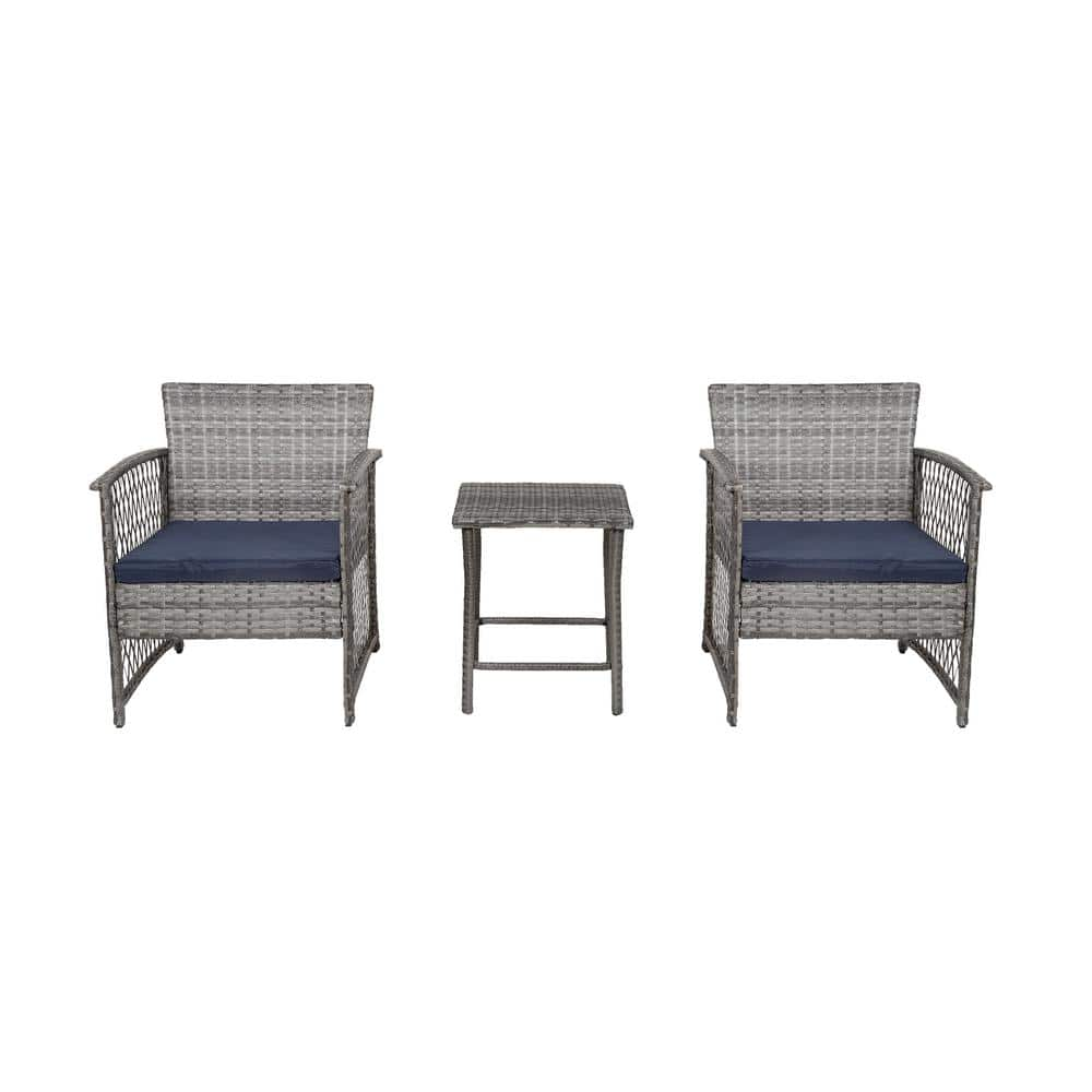 WESTIN OUTDOOR HIGHLAND 3-Piece Woven Gray Rattan Wicker Sofa Set with Navy Blue Cushions P140-04