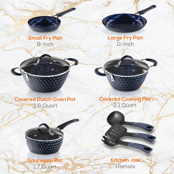 NutriChef Non-Stick Kitchen Cookware Pots and Pans， 11 Piece Set， Blue