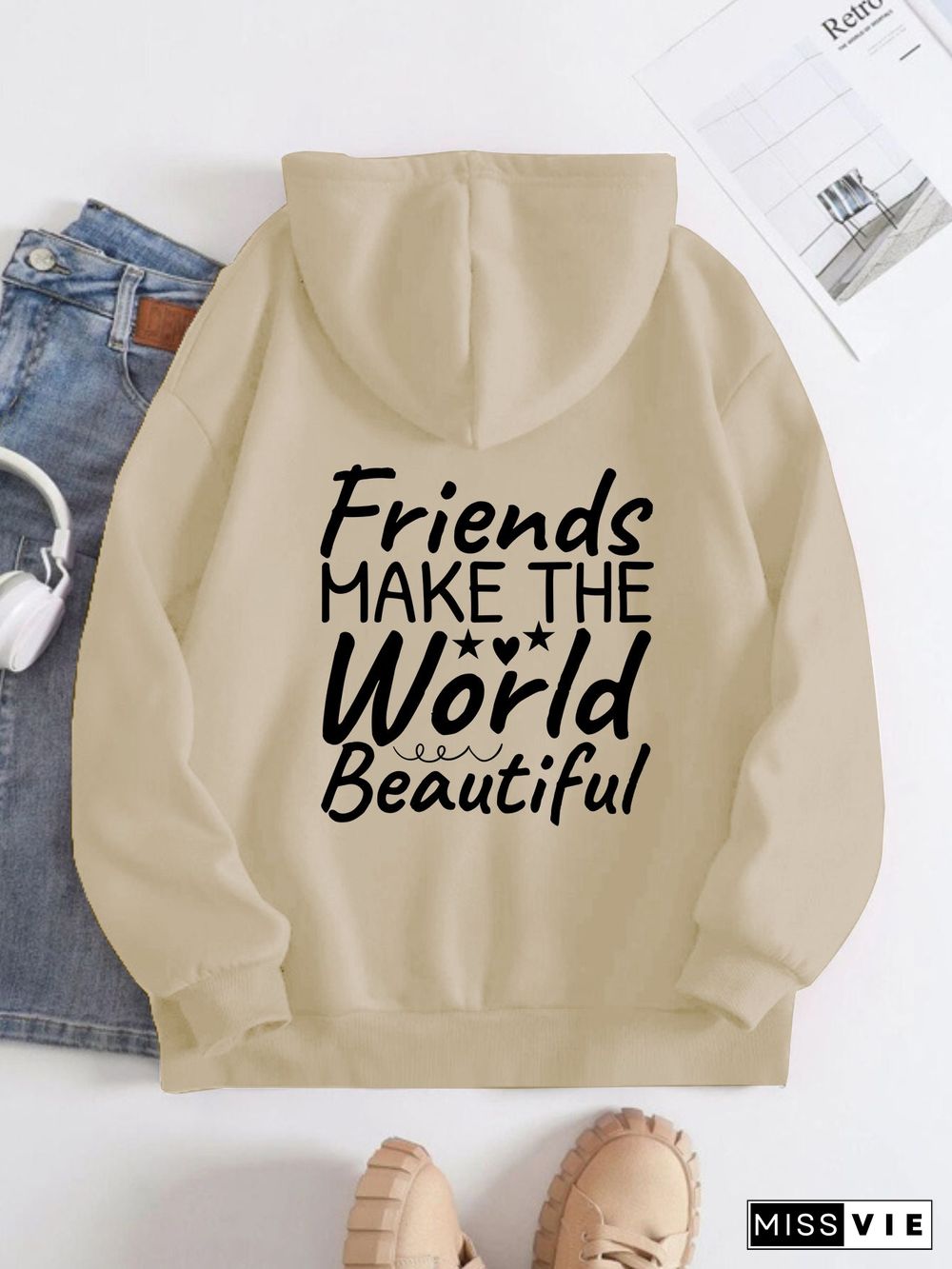 Printed on the Back Kangaroo Pocket Hoodie Long Sleeve for Women Pattern Friends Make the World Beautiful