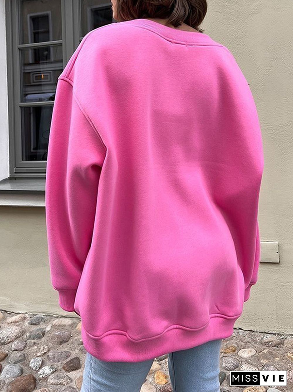 Long Sleeves Loose Solid Color Round-Neck Sweatshirt Tops