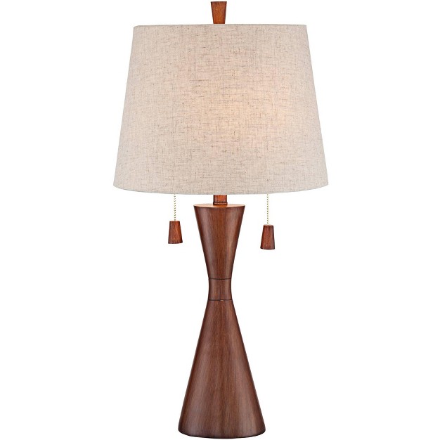 Tall Warm Brown Wood Hourglass Oatmeal Fabric Drum Shade For Bedroom Living Room Bedside Nightstand Office