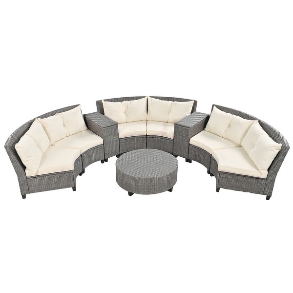 Patio Furniture Sets for 6，FanShaped All Weather Outdoor HDPE Rattan Sofa with Cushions and Table，Suitable for Garden，9Piece