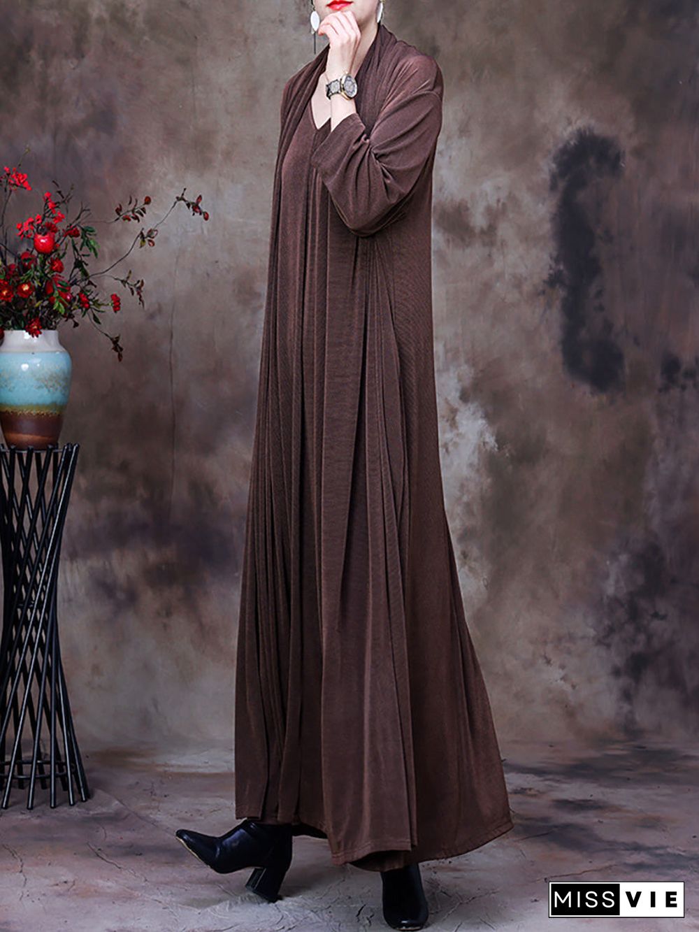 Plus Size V Neck Vintage Women Retro Maxi Dress