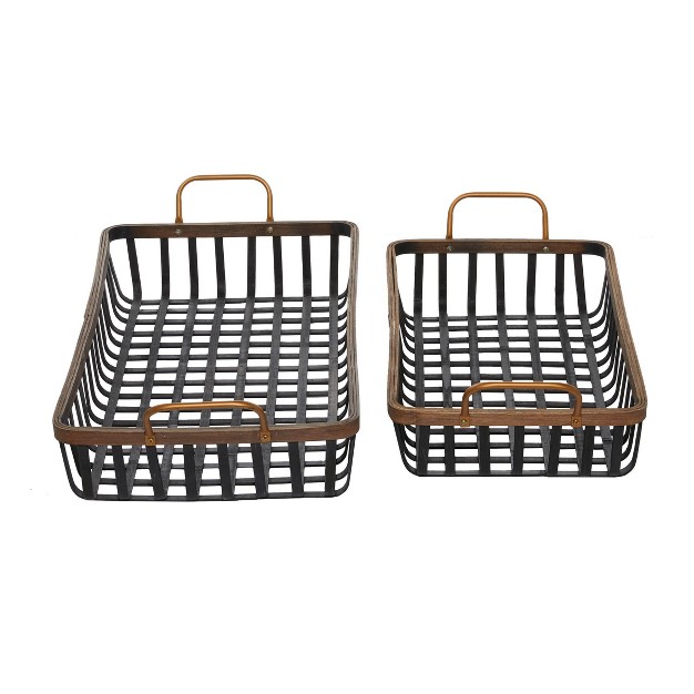 Set Of 2 Woven Bamboo Tray With Metal Handles Black brown Olivia amp May