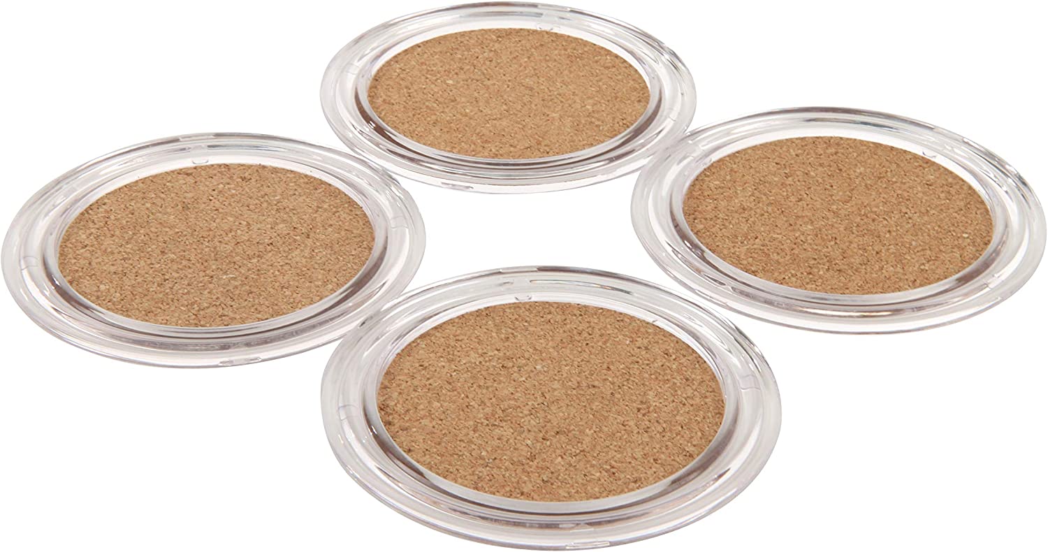 Spectrum Diversified， Clear Acrylic and Cork Set Set of 4 Absorbent Cork Coffee Tables， Drink Coasters to Prevent Water Damage， 4 Count