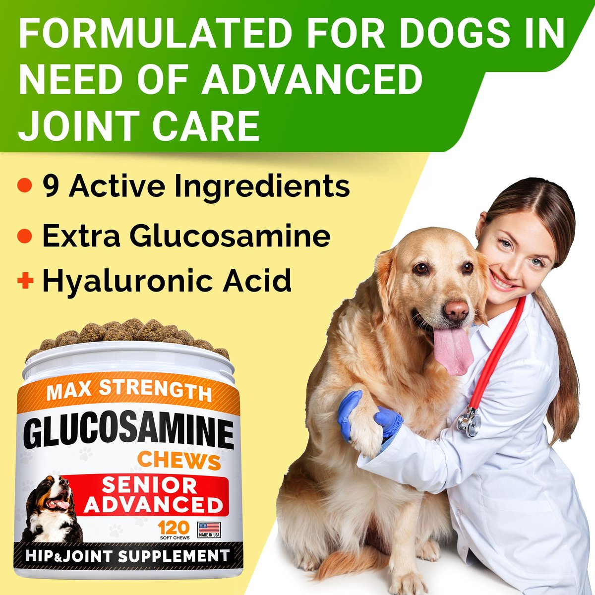 StrellaLab Senior Advanced Glucosamine Omega-3 Soft Chews Bacon Flavor Hip and Joint Pain Relief Dog Supplement， 120 Count