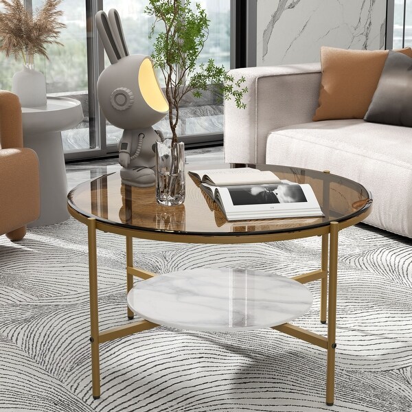 32'' Wide Round Coffee Table with Glass Top and Metal Legs