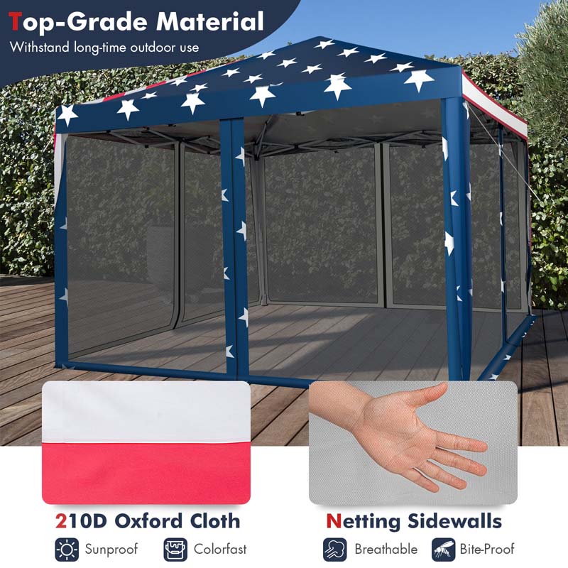 10 x 10 FT Pop Up Canopy Tent with Carry Bag & Netting, American Flag Printing Outdoor Gazebo