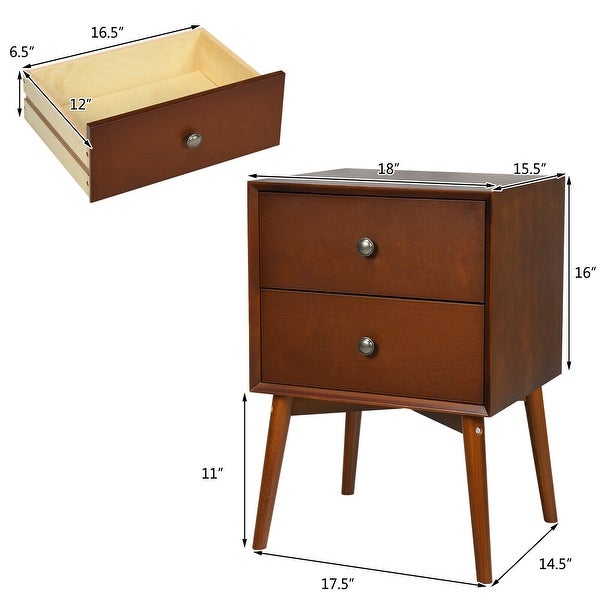 Nightstand Mid-Century End Side Table with 2 Drawers and Rubber Wood Legs - - 35551513