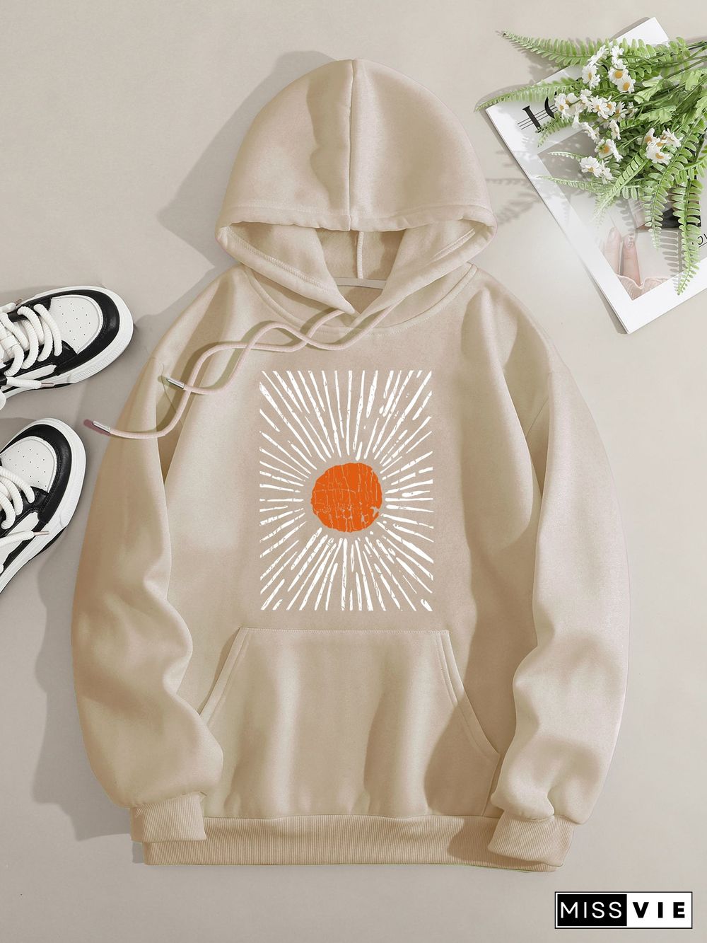 Printed on front Kangaroo Pocket Hoodie Long Sleeve for Women Pattern Sunset