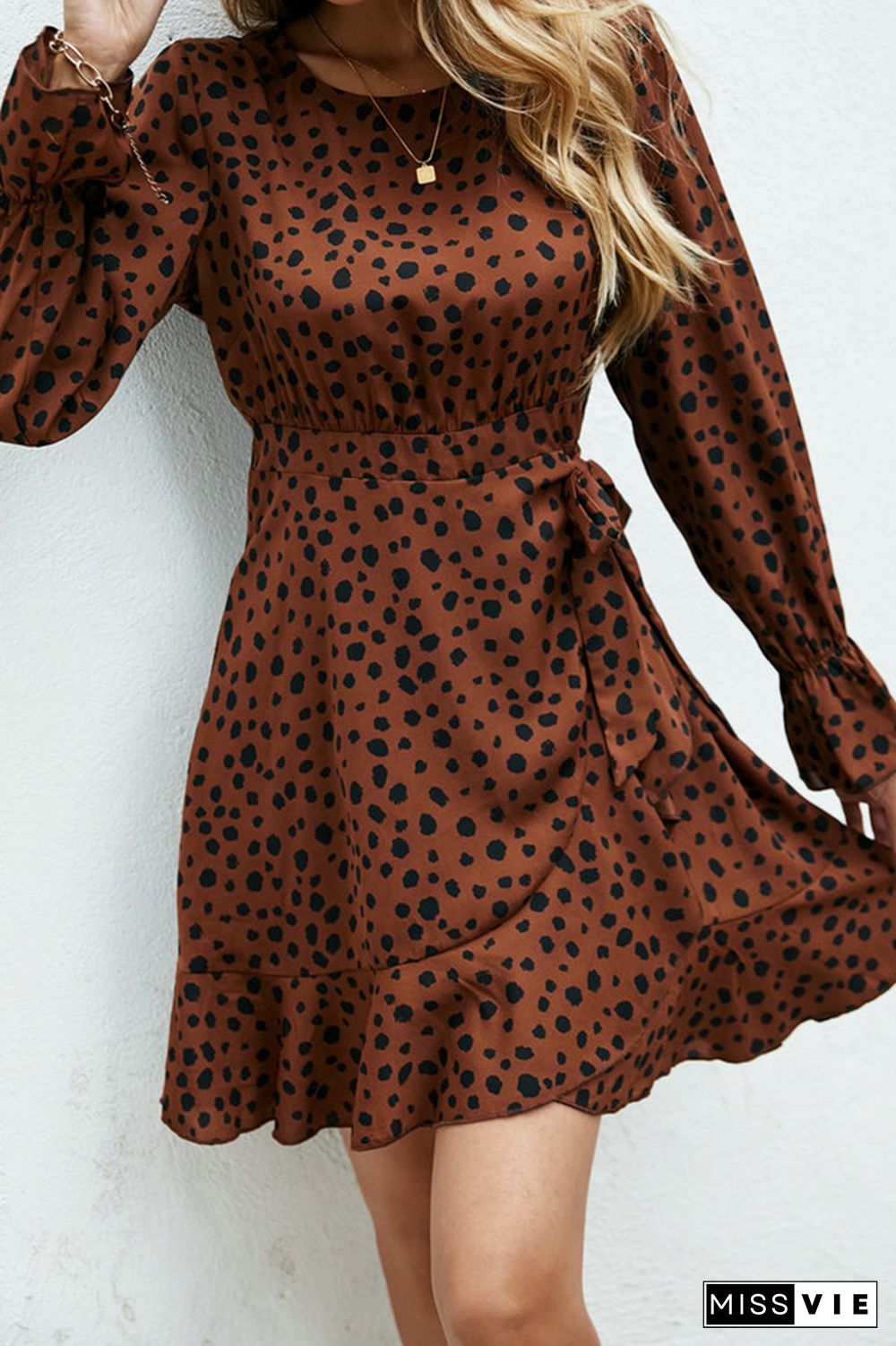 Ruffles High Waist Tie Leopard Print Dress