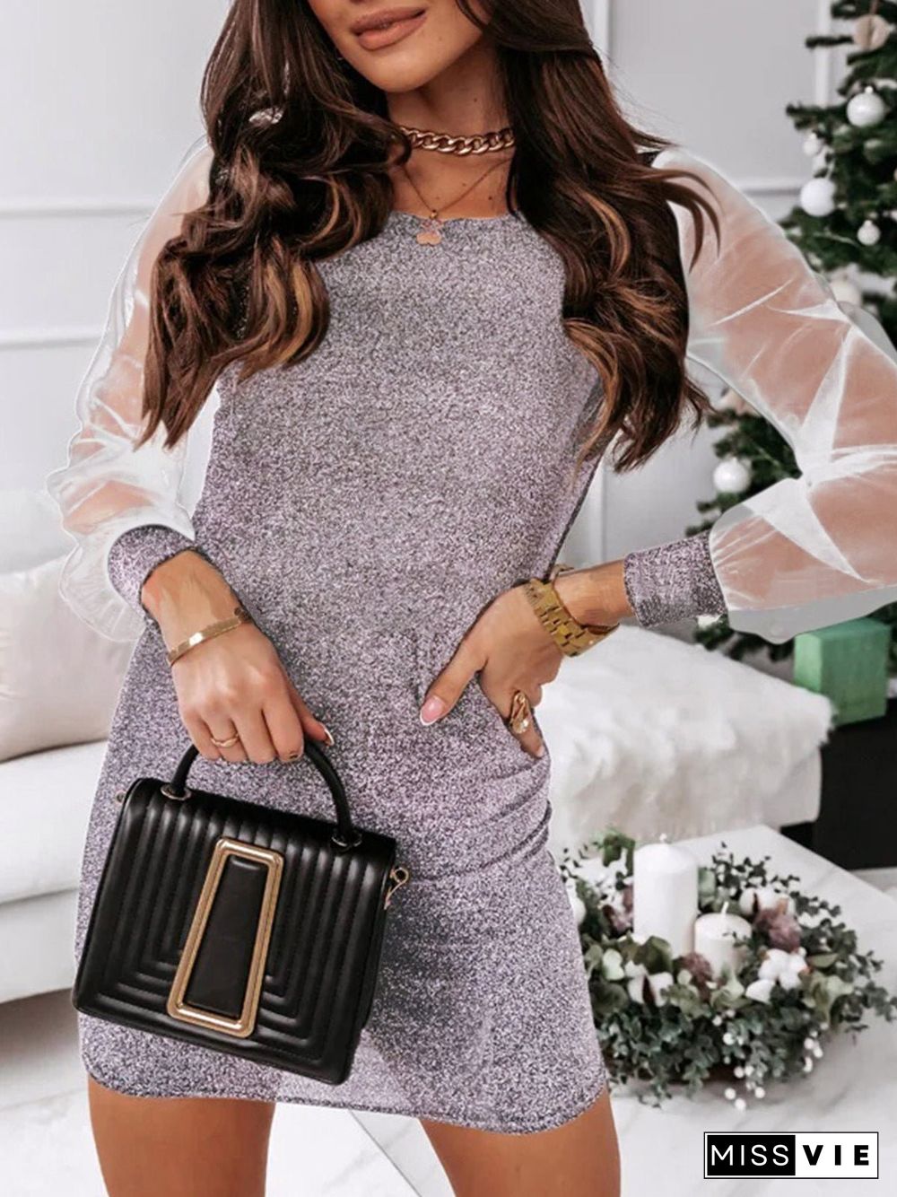 Women'S Dresses Shiny Slim Mesh Long Sleeve Dress