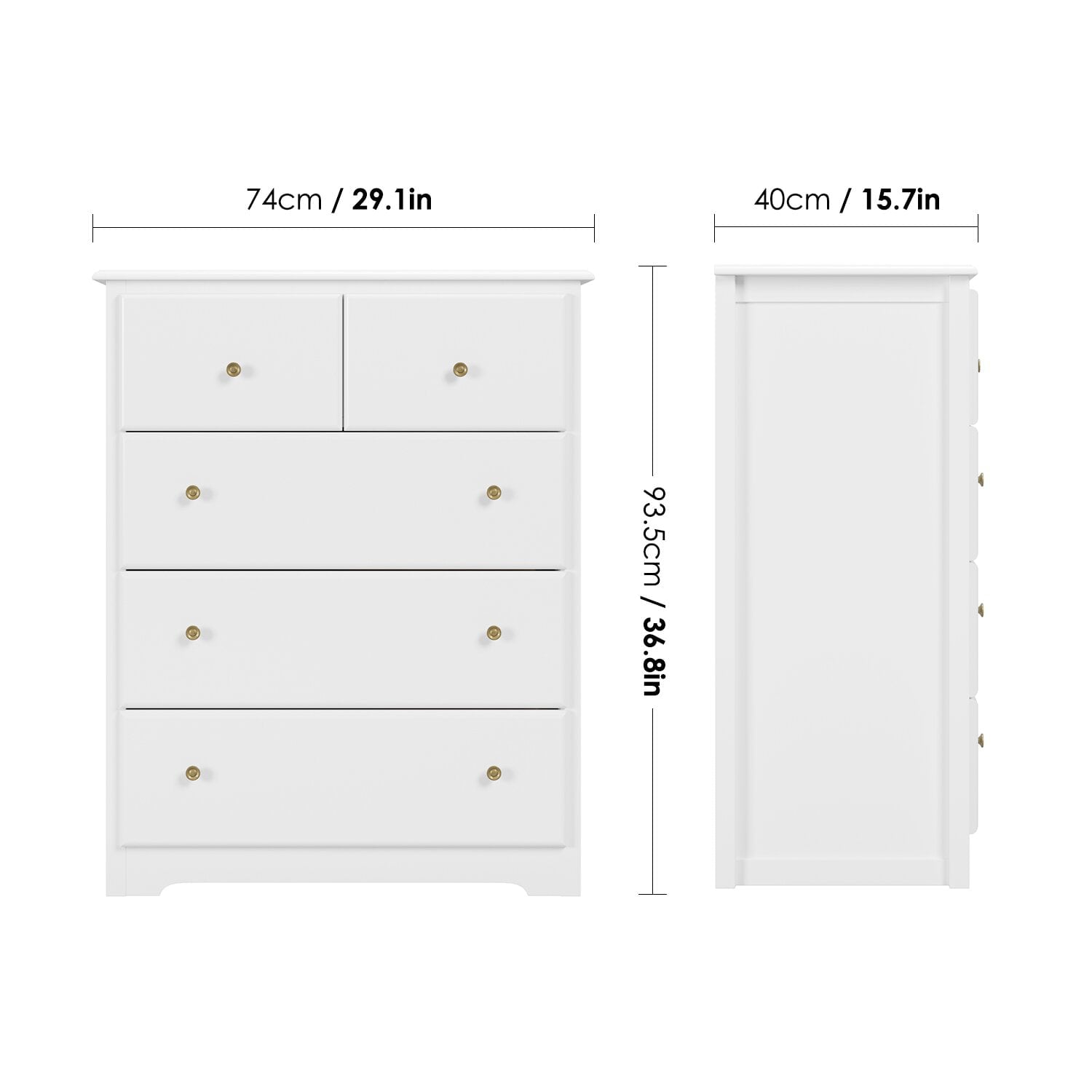 Homfa Horizontal Dresser, Modern Dresser of 5 Drawers, Dresser Chest with Easy Pull Handle for Bedroom, White Finish