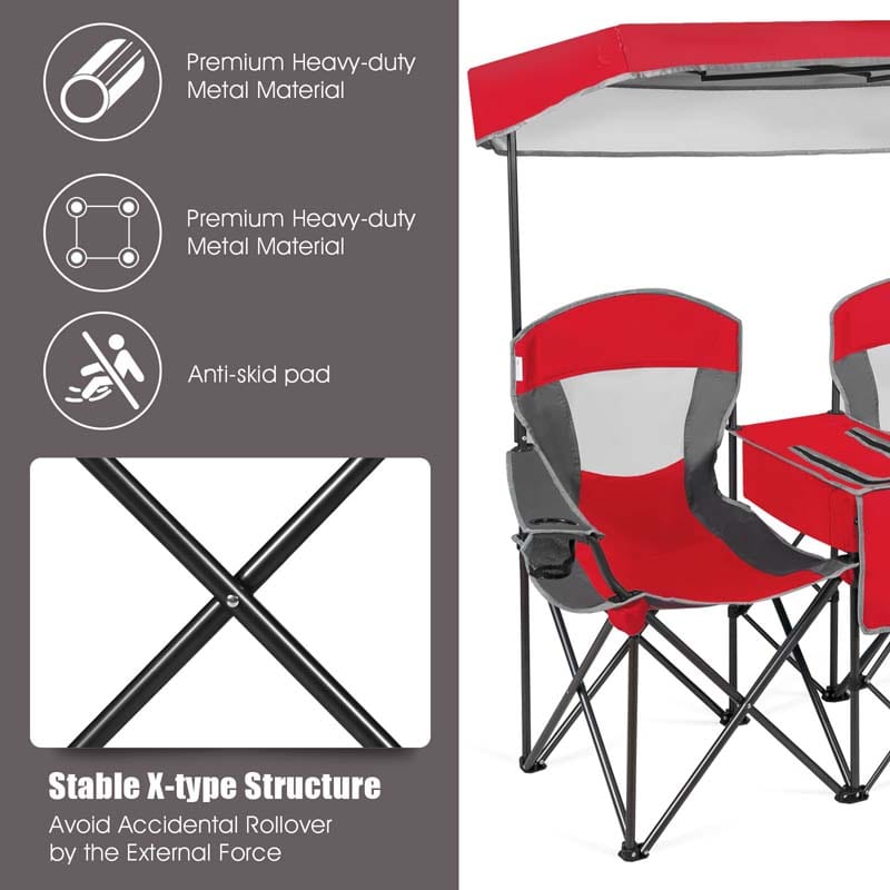 Double Sunshade Camping Canopy Chair with Mini Table, Cup Holder, Portable Folding Beach Chair with Canopy