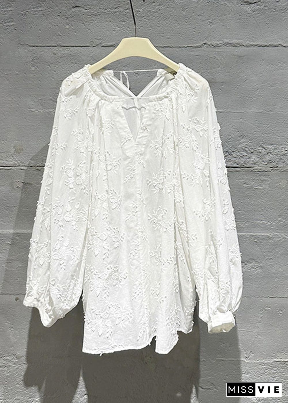 Plus Size Cozy White Embroideried Cotton Shirt Tops Fall