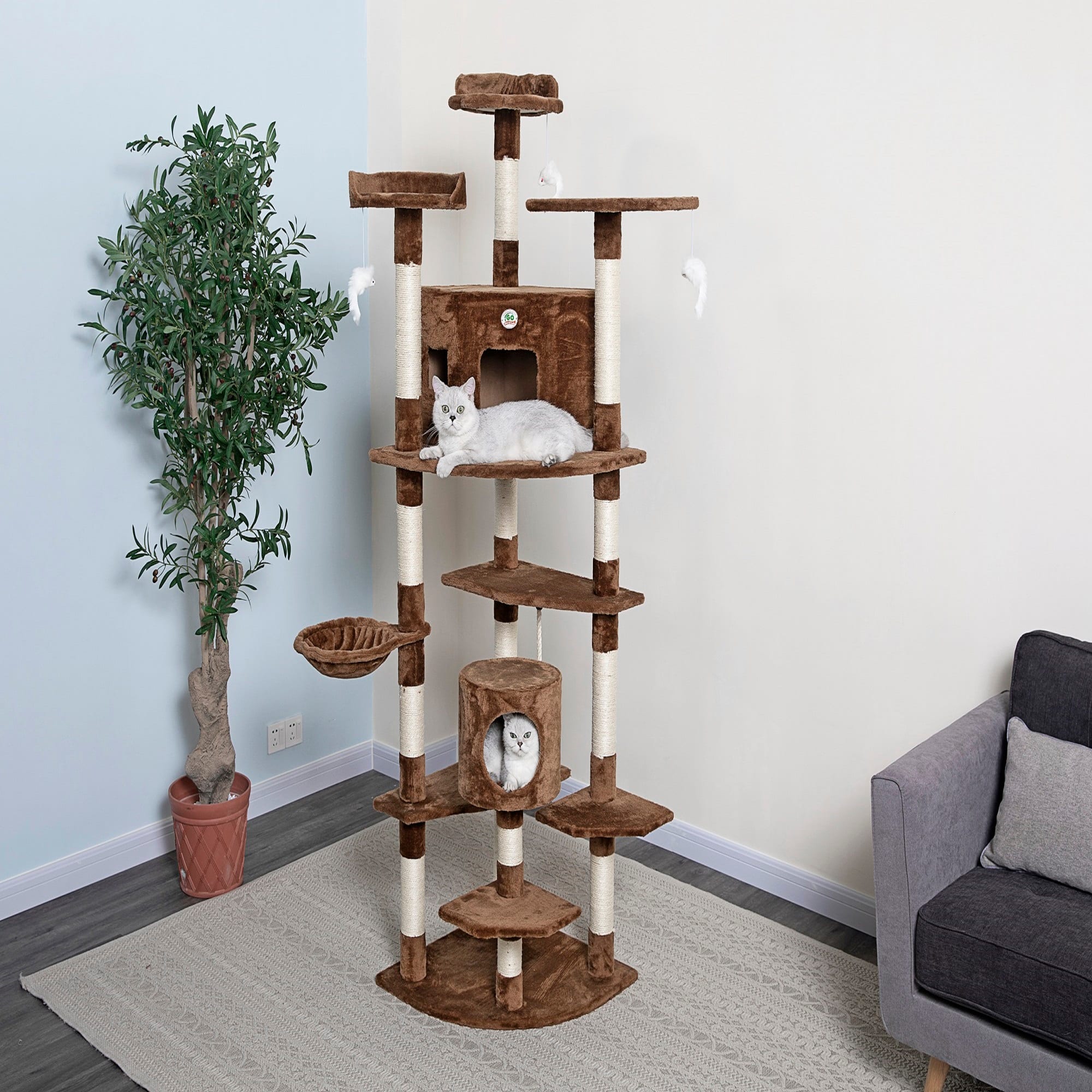 GO PET CLUB Brown 80 Cat Tree with Dangling Toys and Side Basket