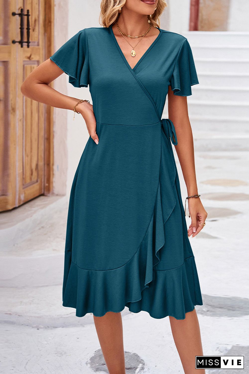 Plain Wrap V Neck Side Sash Ruffles Midi Dress