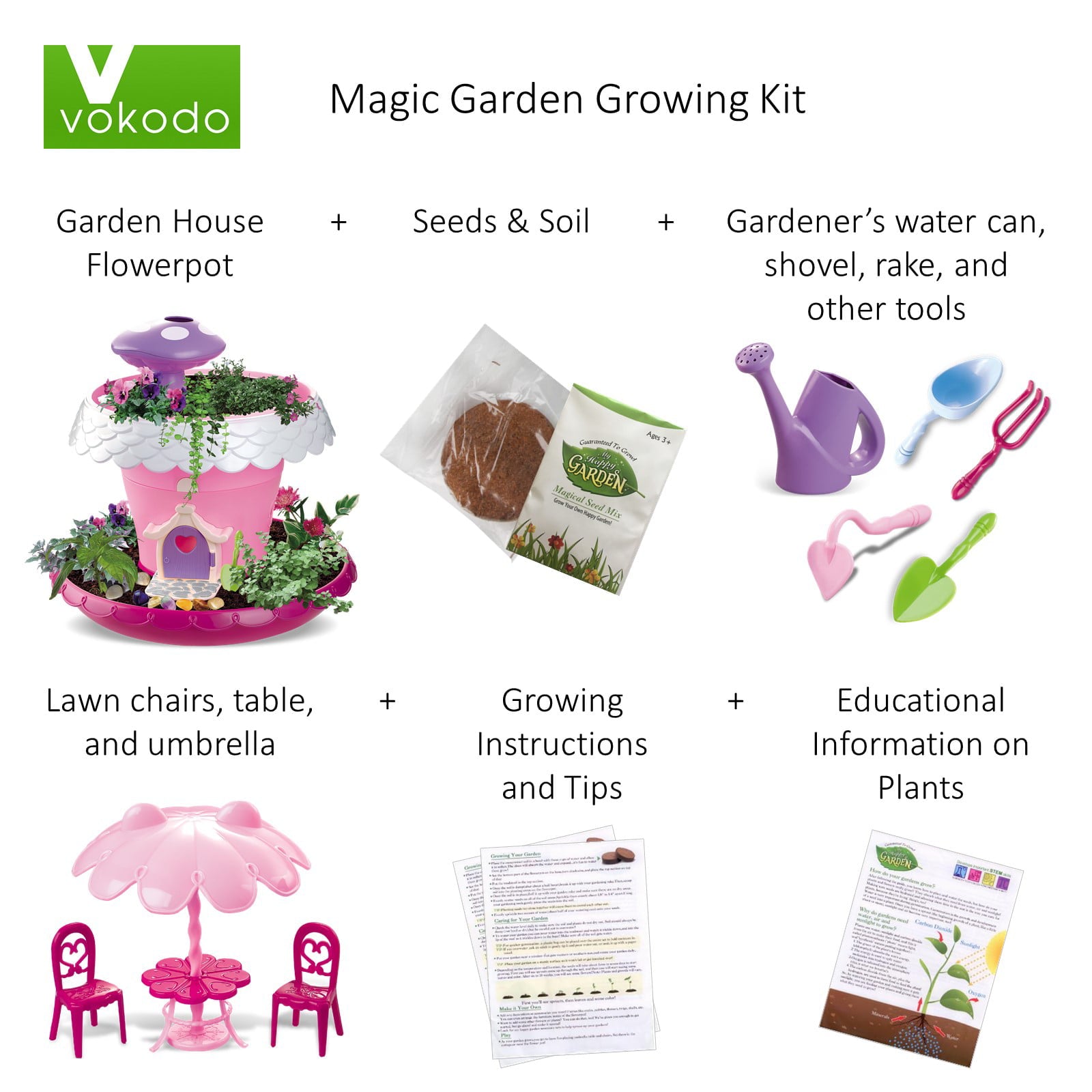 Vokodo Kids Magical Garden Growing Kit Includes Everything You Need Tools Seeds Soil Flower Plant Tree House Interactive Play Fairy Toys Inspires Horticulture Learning Great Gift For Children Pink