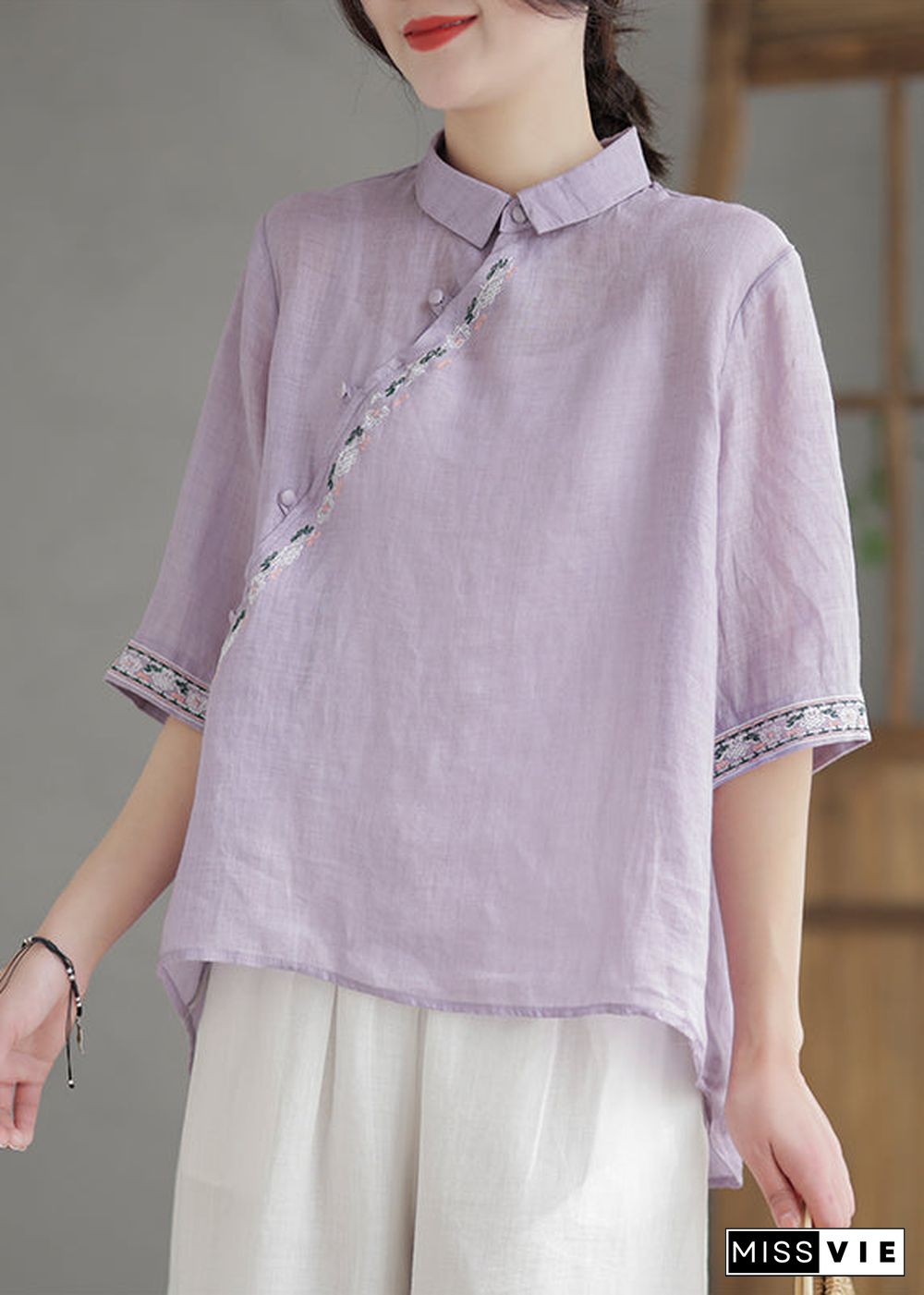 Vintage Purple Embroideried Linen Shirt Half Sleeve