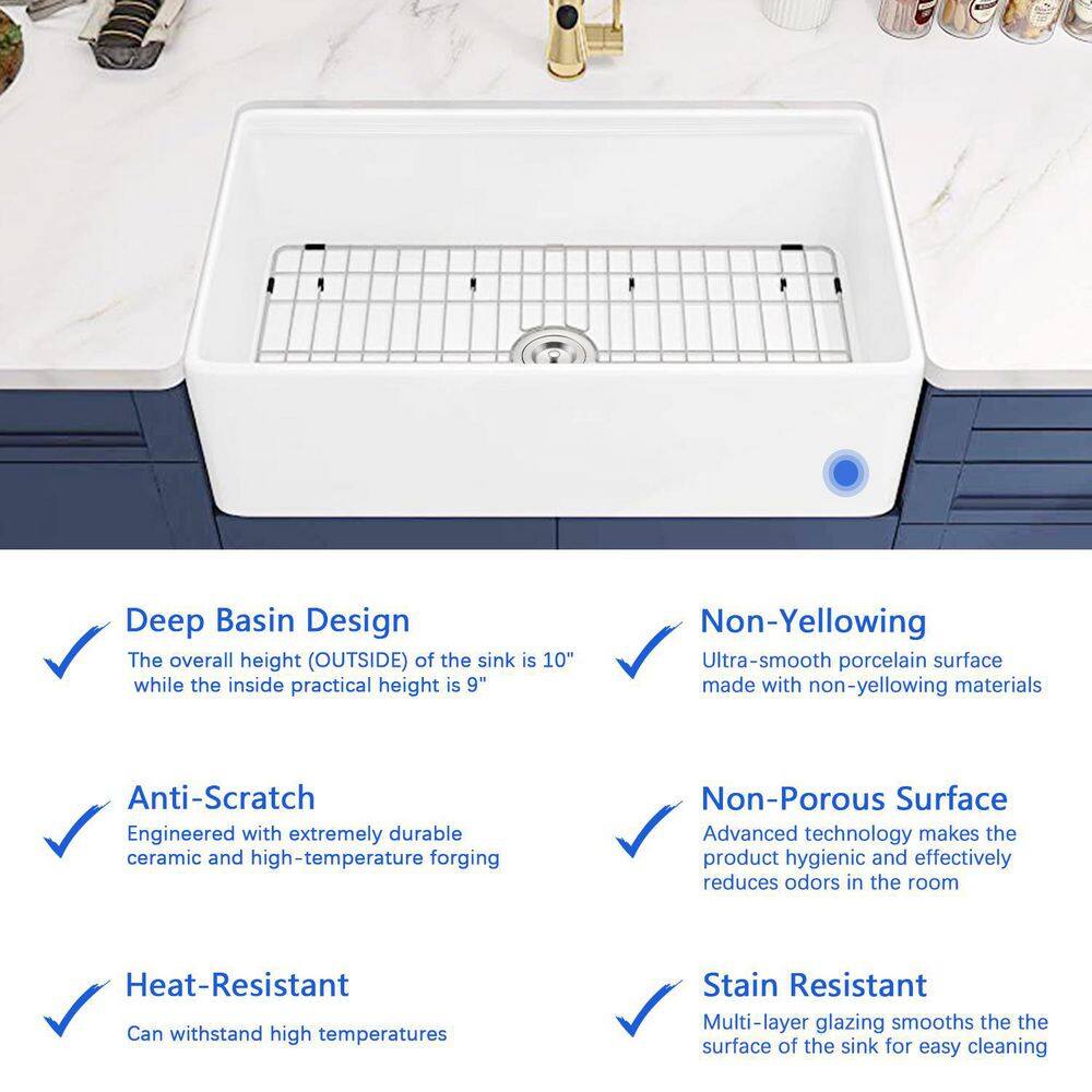 CASAINC White Fireclay 33 in. Single Bowl Farmhouse Apron Workstation Kitchen Sink with Accessories CA-WH7038