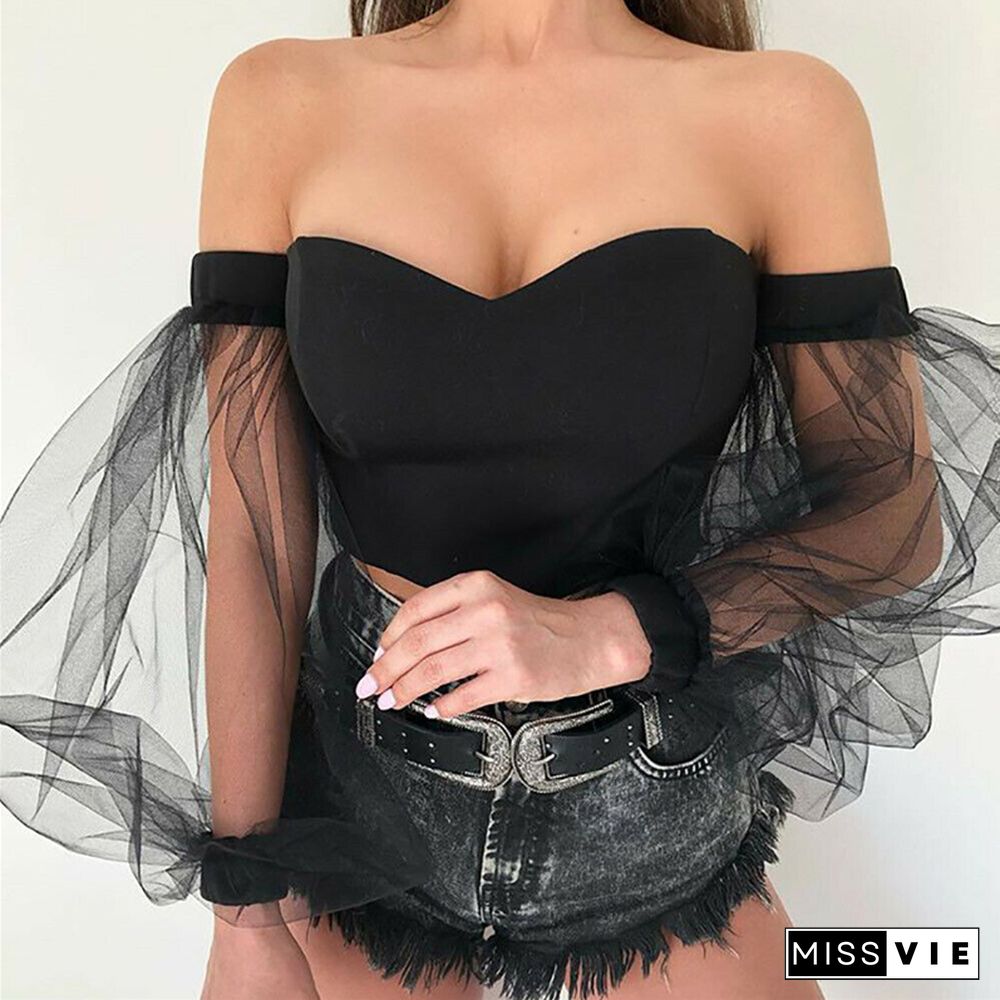 Women Crop Tops Causal Sheer Mesh Sheer Off Shoulder Crop Top T-shirt Puff Sleeve Shirts Lace Solid Color Tanks Tops T Shirt