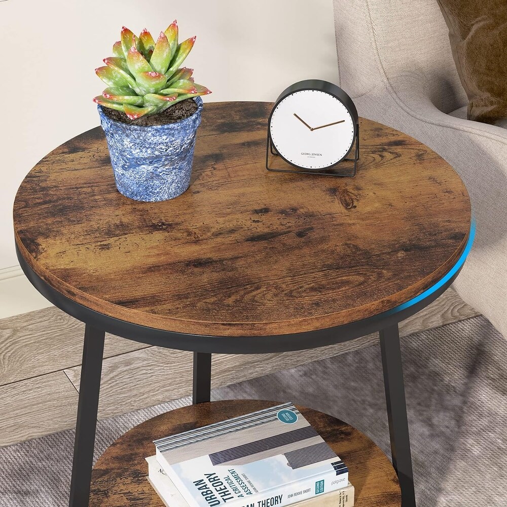 2 Tier Industrial Round Side End Table with Storage Living Room