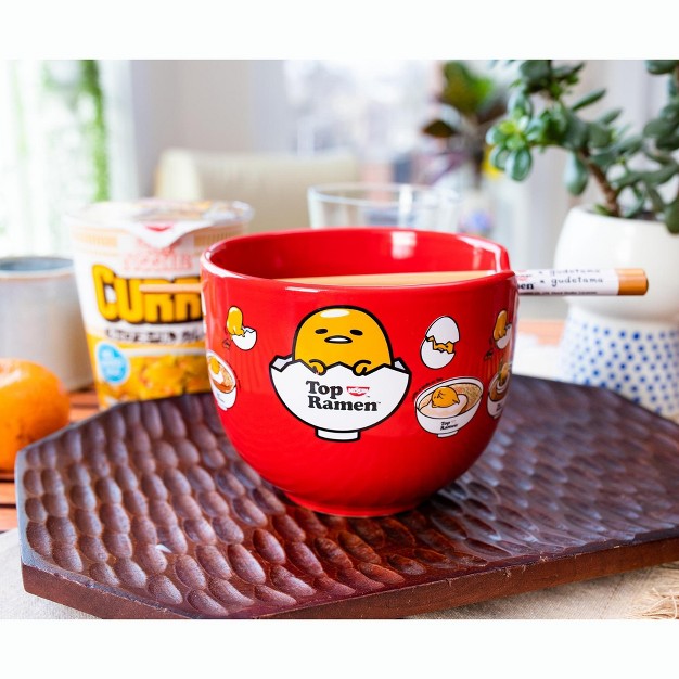 Silver Buffalo Sanrio Gudetama X Nissin Top Ramen 20 ounce Noodle Bowl And Chopstick Set