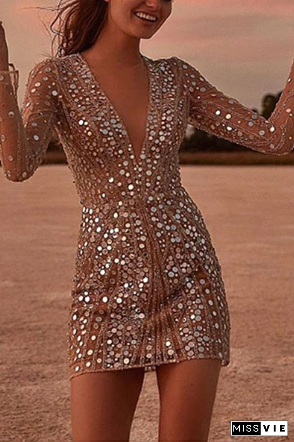 Deep V Neck Sequin Party Queen Dress