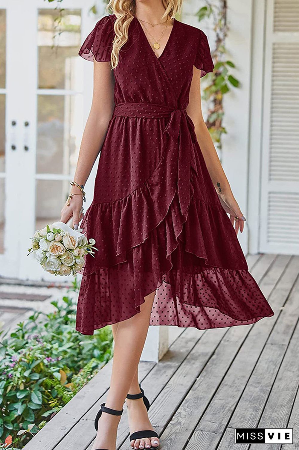 Swiss Dot Ruffle Hem Midi Dress