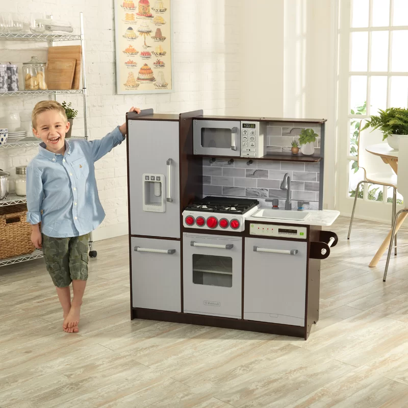 KidKraft Uptown Elite Espresso Play Kitchen with EZ Kraft Assembly™， Lights and Sounds， Working Ice Maker and Click and Turn Knobs， Gift for Ages 3+