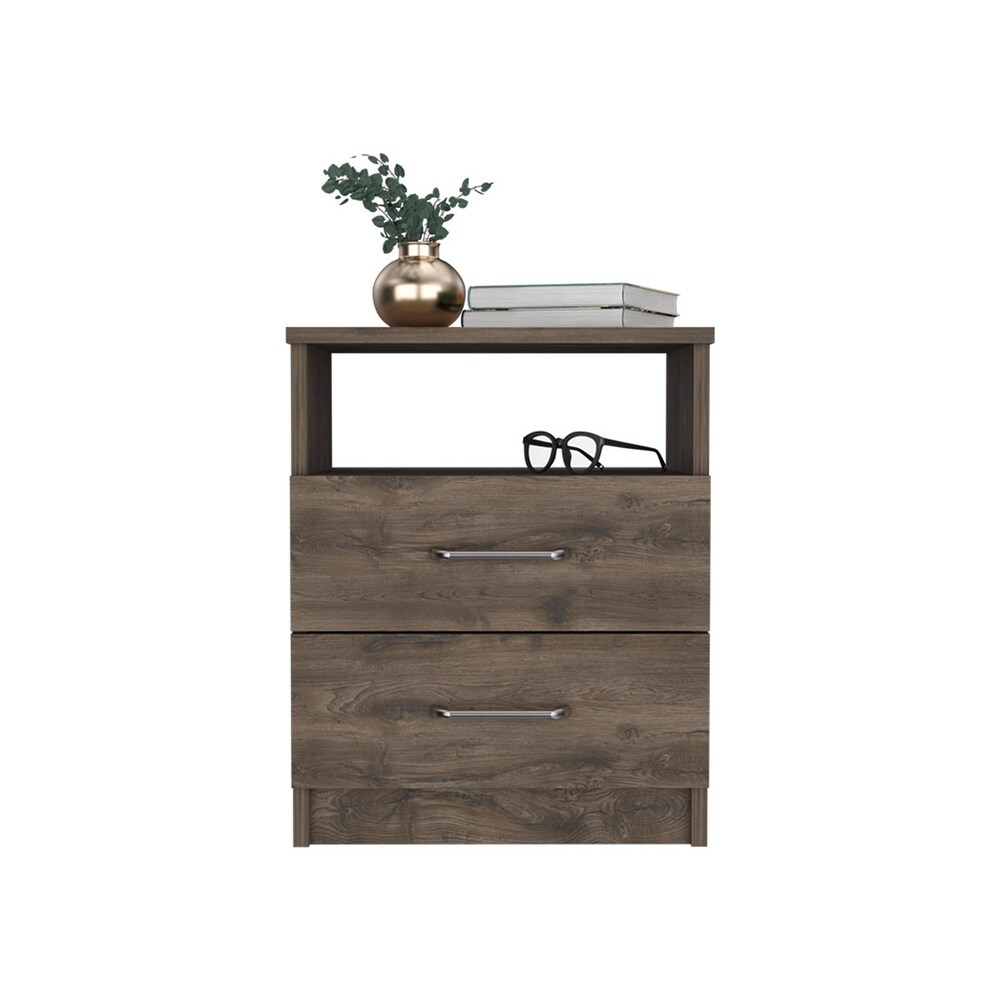 Dark Brown 2 Drawer Nightstand Bedside Table with Shelf