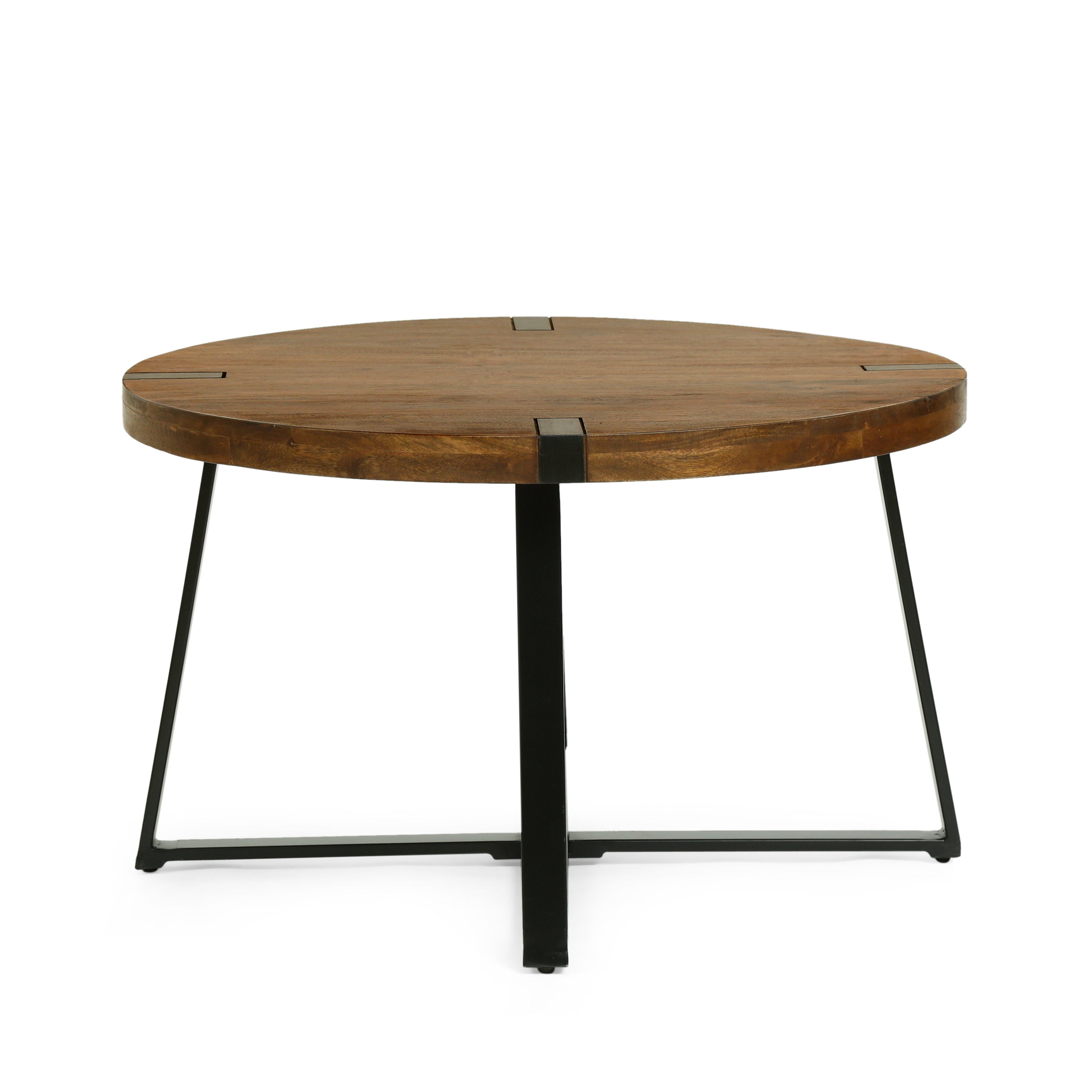 Riverlake Handmade Mango Wood and Iron Circular Coffee Table, Walnut Brown and Black