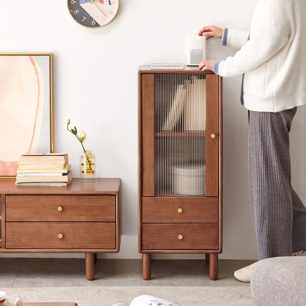 Free standing Corner Cabinets Storage Table  TV Stand Livingroom Solid Wood Grain with 2 Shelves   2 Drawers  Walnut