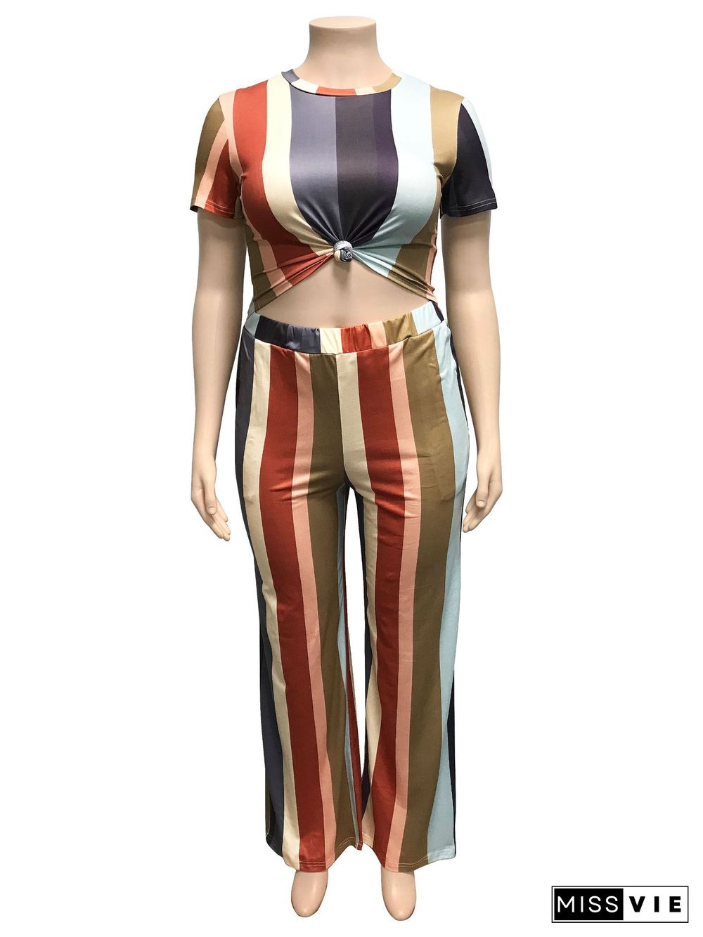 Plus Size Women Stripes Straight-legs Pants Suits 2 Pieces