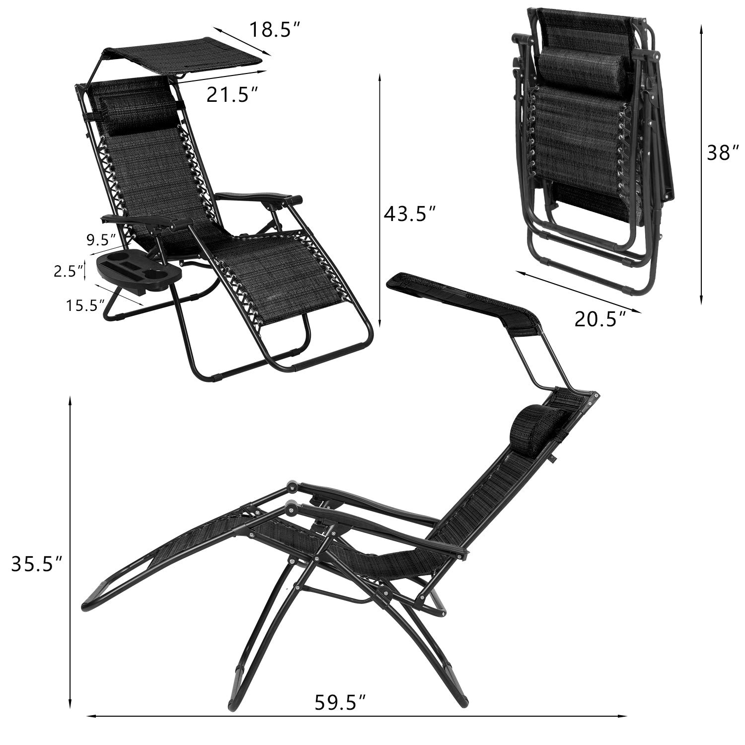 Devoko Patio Zero Gravity Chair Outdoor Folding Recliner Lounge Chair with Attachable Sunshade Canopy and Holder, 1, Black