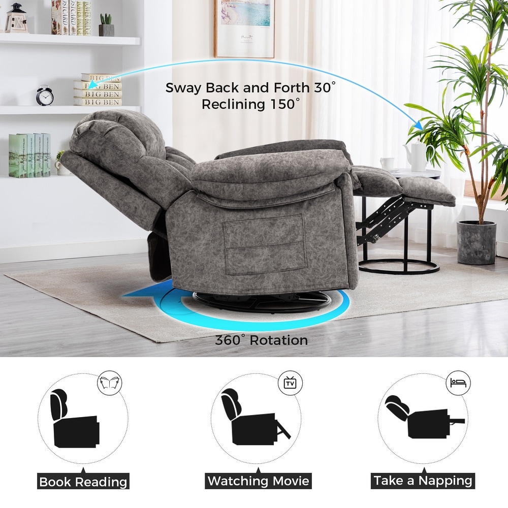 Grey Velvet Swivel and Rocking Recliner Chair with Massage  Heating  USB Charging  and Cup Holders  Enlarged   Widen Seat