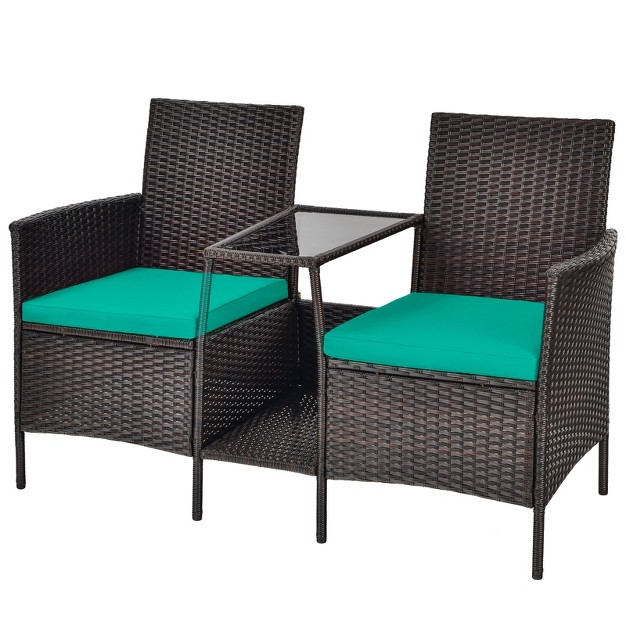 Tangkula Patio Loveseat 2 Person Cushioned Seats With Center Table Outdoor Rattan Furniture Set Turquoise Red