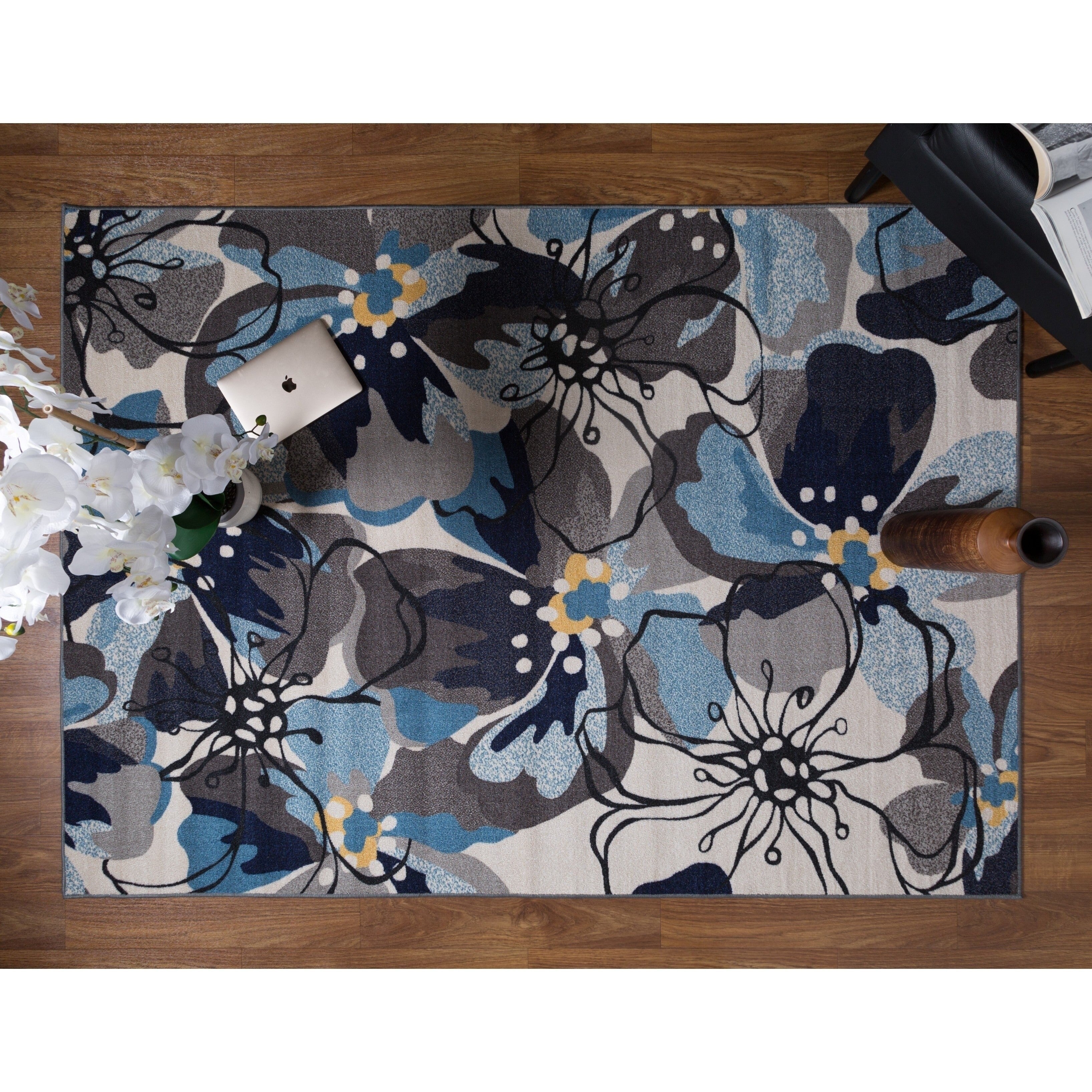 World Rug Gallery Gray/Blue Nylon Modern Large Floral Non-Slip Non-Skid Area Rug Or Runner