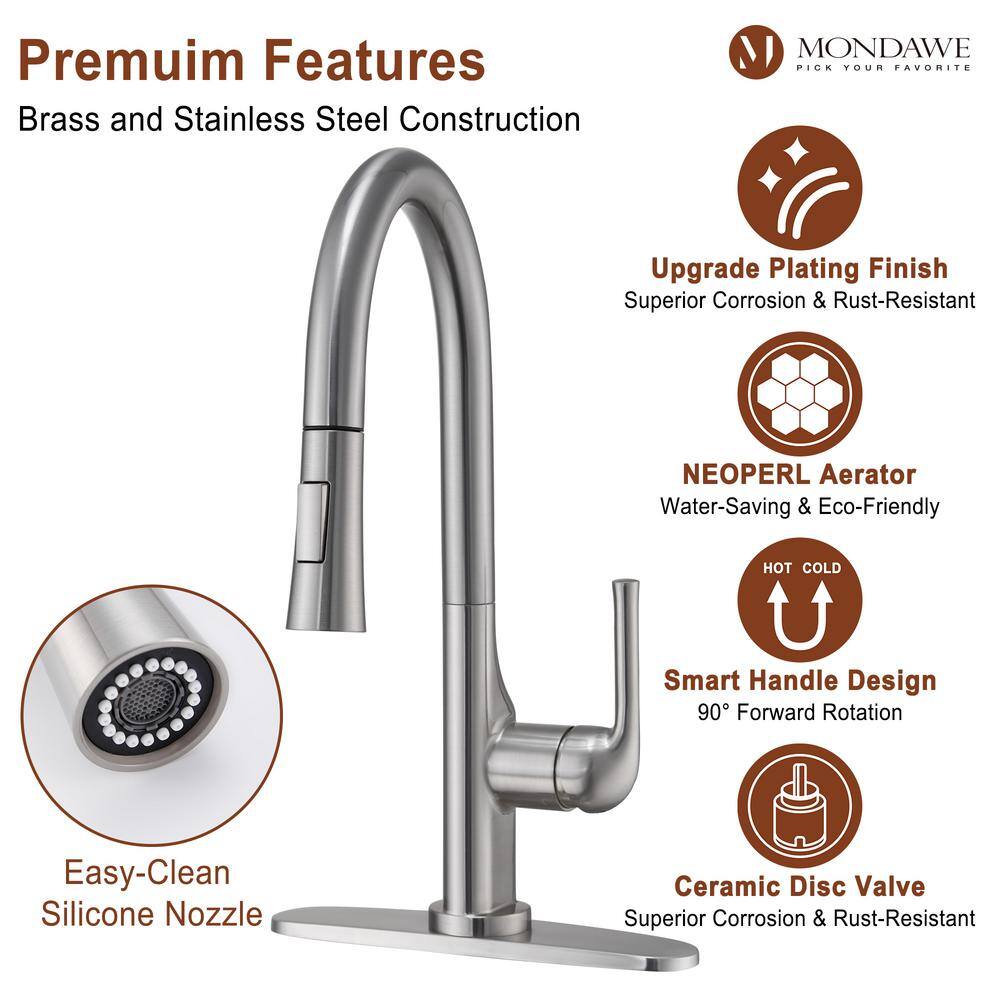 Mondawe Single-Handle Standard High Arc Pull Down Sprayer Kitchen Faucet Deck Mount Kitchen Faucet in Brushed Nickel MD-D47-BN