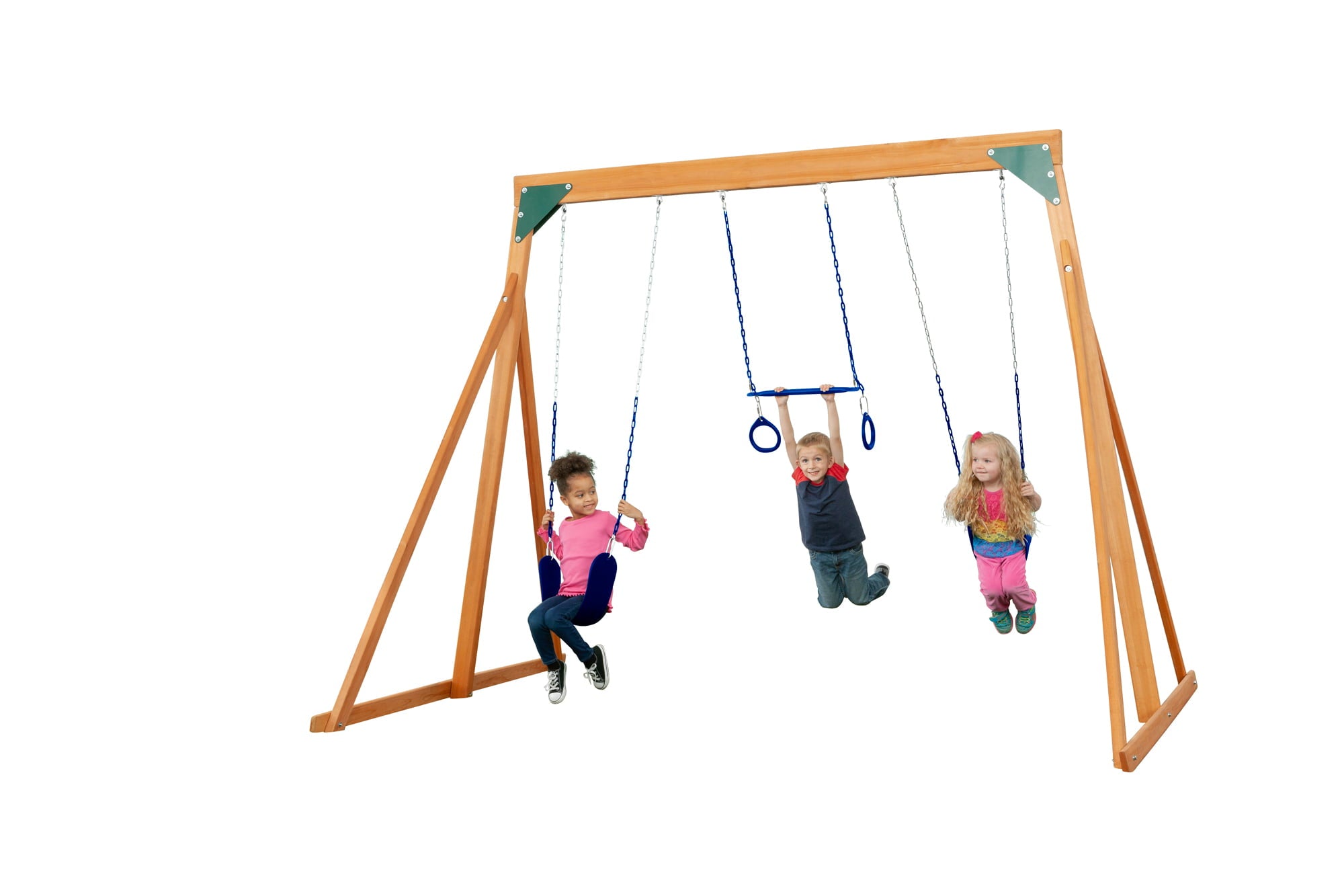 Trailside Cedar Swingset with Belt Swings and Trapeze Bar， All Wood， Hardware， and Assembly Instructions Included