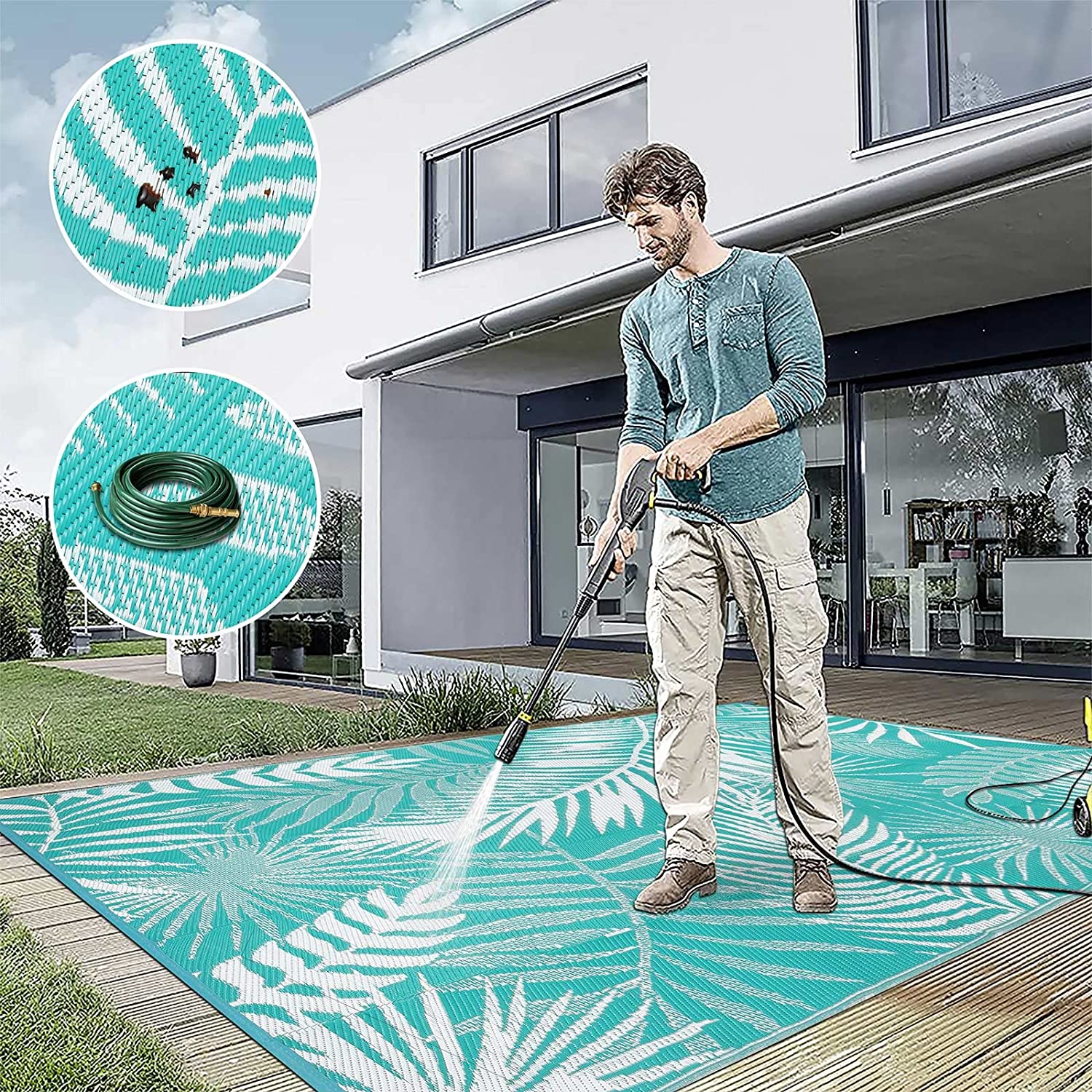 MeyJey High Quality Plastic Straw Reversible Outdoor Rugs Waterproof Leaf Carpet for RV, Patio, Deck, Camping 6' x 9' Teal