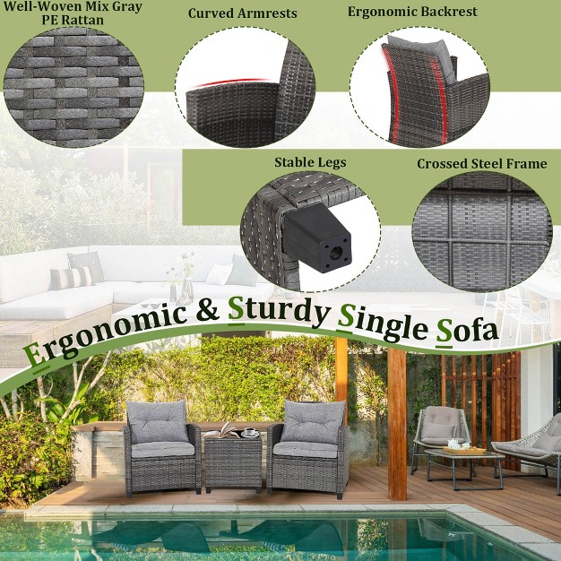 Tangkula 3pcs Patio Rattan Sofa Set Outdoor Wicker Conversation Set Glass Tabletop W Grey Cushion