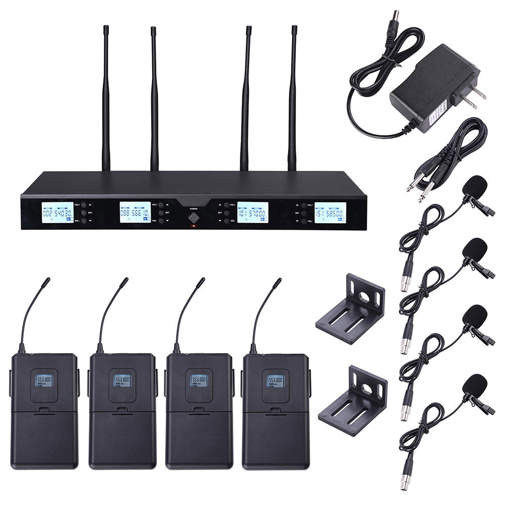 Yescom Pro 4 Channel 262' Wireless UHF Microphone System 4 Lapel Mics